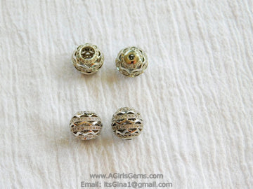 CZ Paved Silver Beads, Large or Small Hole 11 mm Gold Filigree Round Beads #240, Rose Cubic Zirconia Paved CZ Focal Beads
